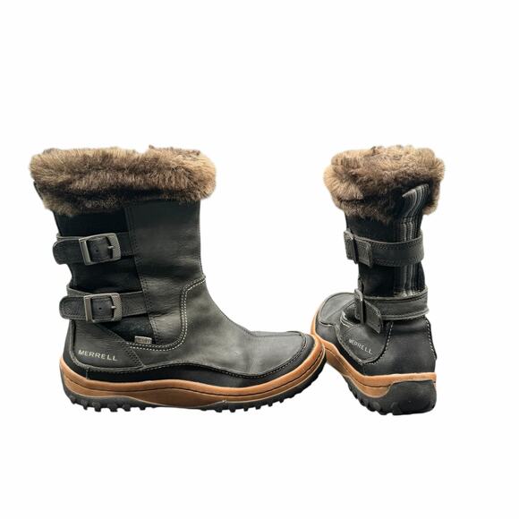 Merrell Decora Chant Leather Winter Boots Black 9.5 Waterproof Fur Trim - Picture 1 of 13